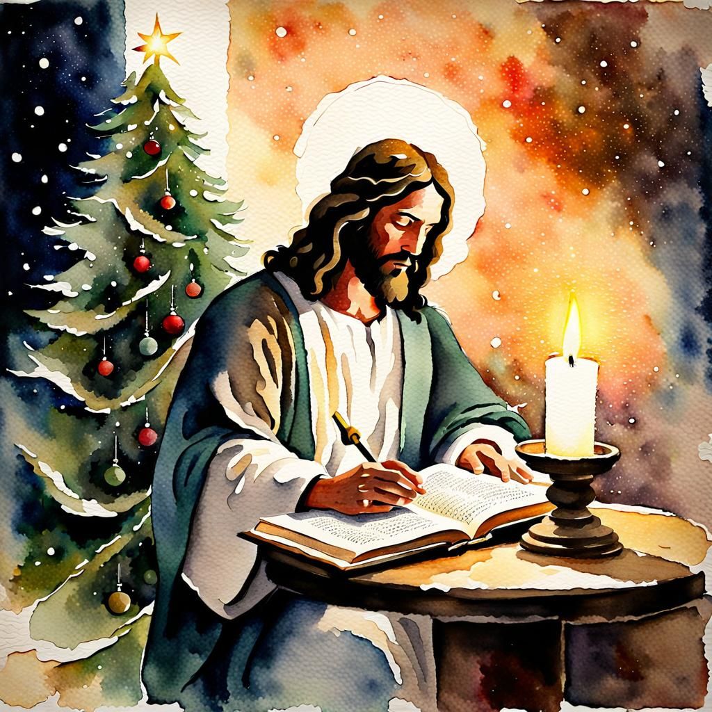 Jesus Reading by Christmas Tree: Watercolor Chiaroscuro