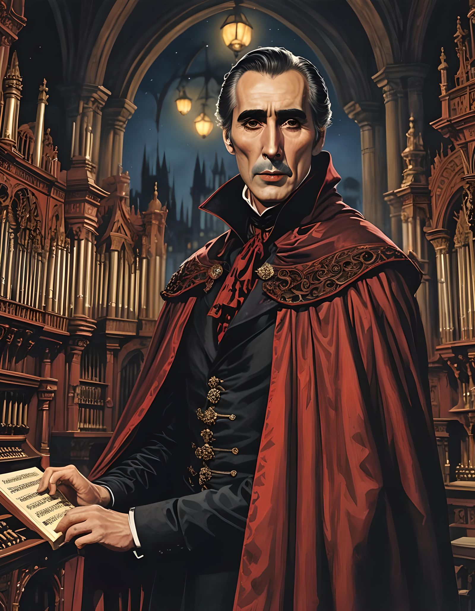 Victorian Vampire Portrait Playing Organ at Night
