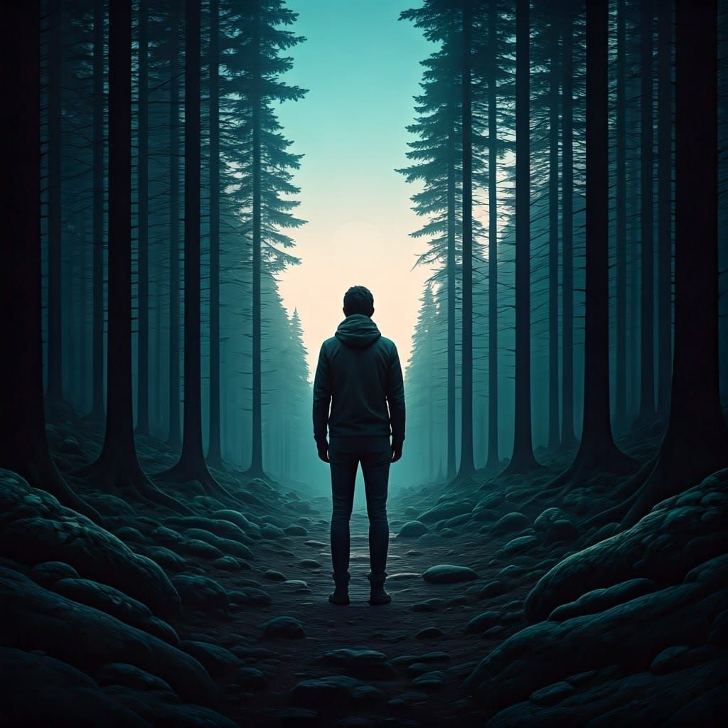 Surrealist Landscape of Man Overgrown with Forest, Ocean, or...