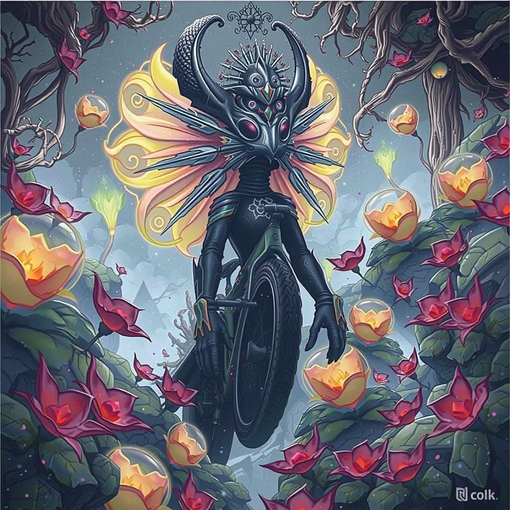 Mystical Cyclist Rides Stormy Road in Fantastical Realism