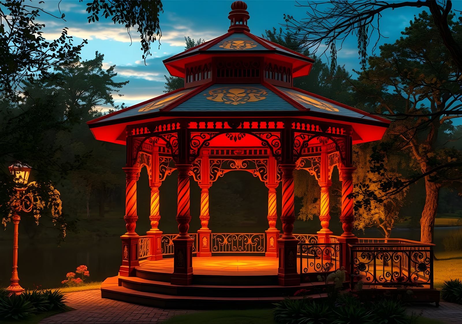 Riverside Gazebo in Detailed Acrylic Painting