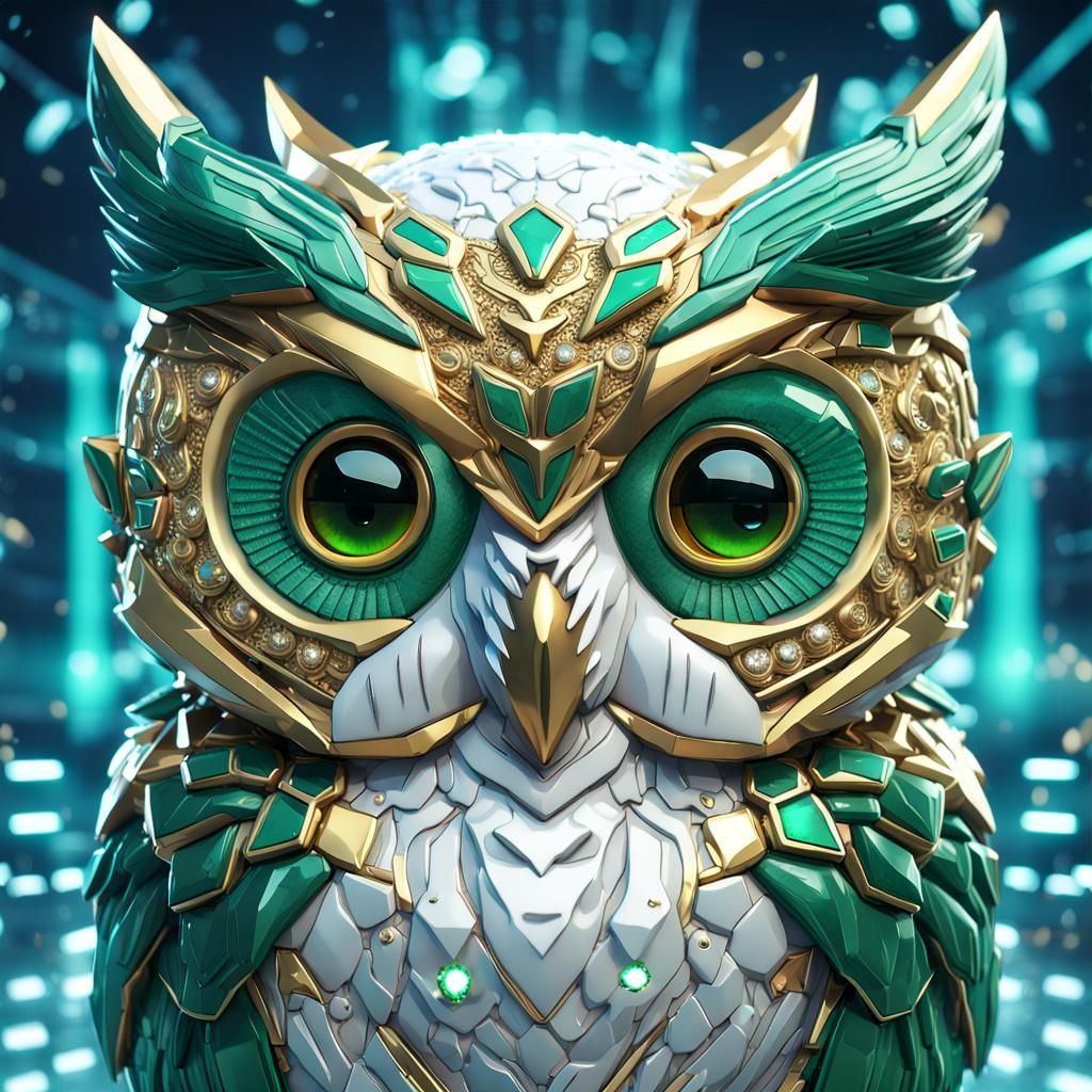 Emerald and Gold Owl Chibi with Mech Details