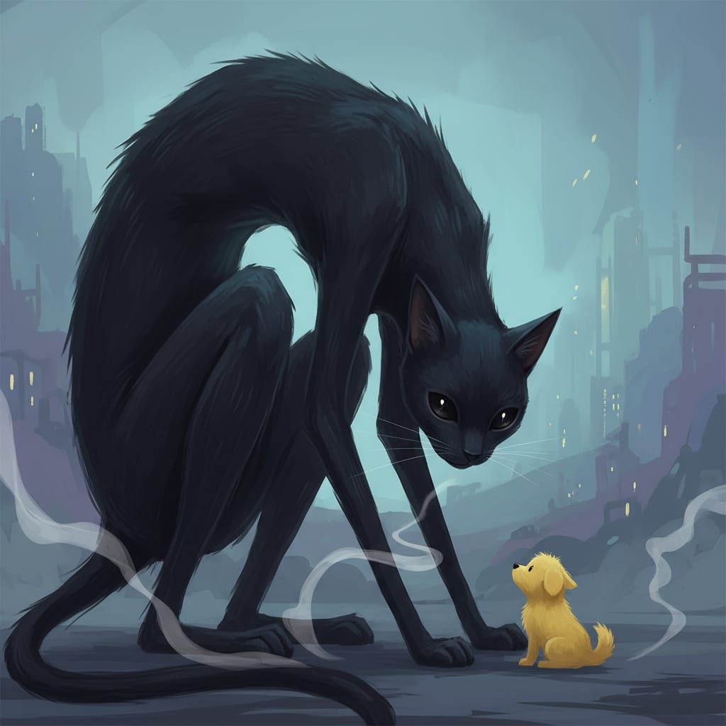 Enigmatic Giant Cat Meets Tiny Dog in Playful Atmosphere