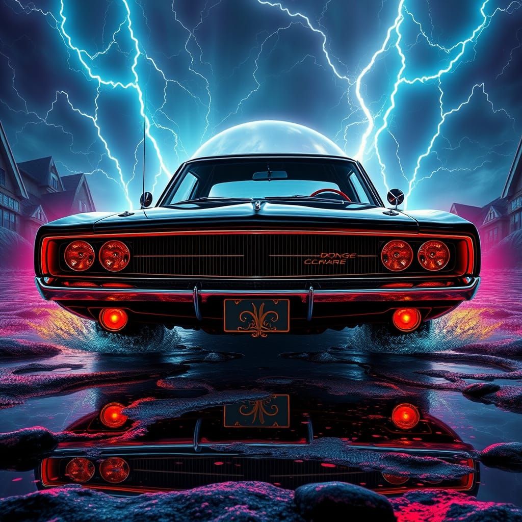 Electric Storm Surrounds a Black Charger in a Gothic Water S...