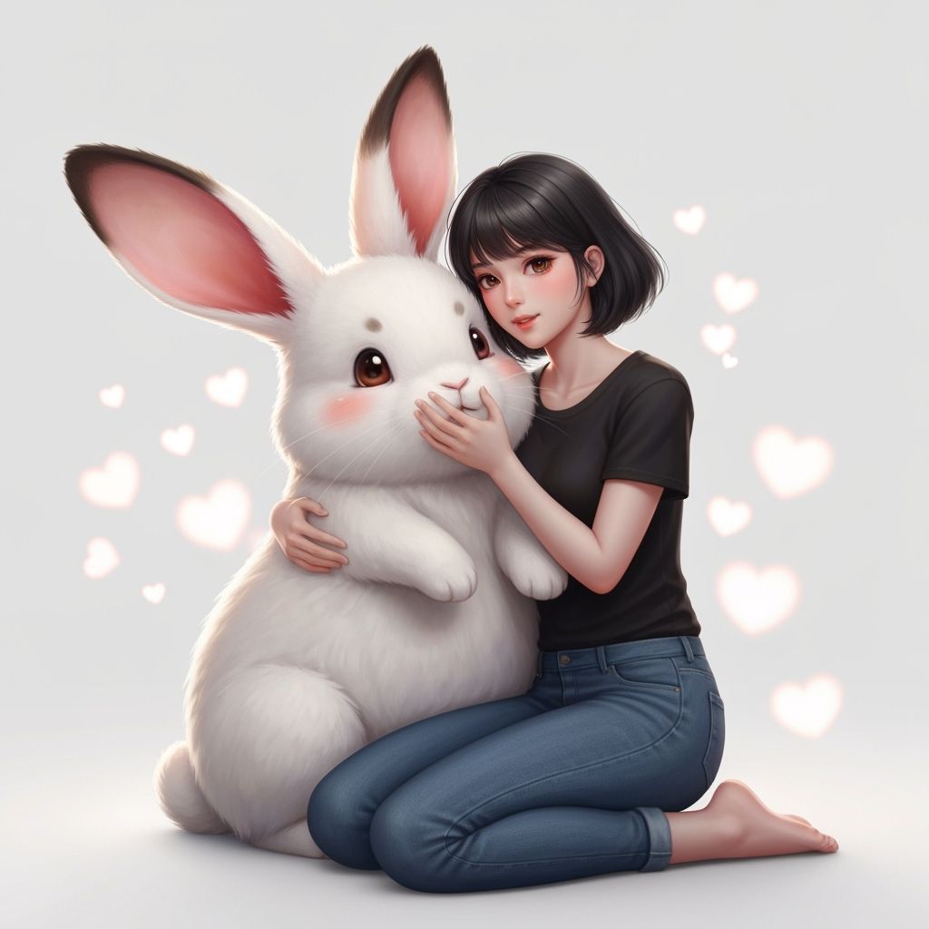 Adorable Anime Rabbit Cuddled by Thai Woman
