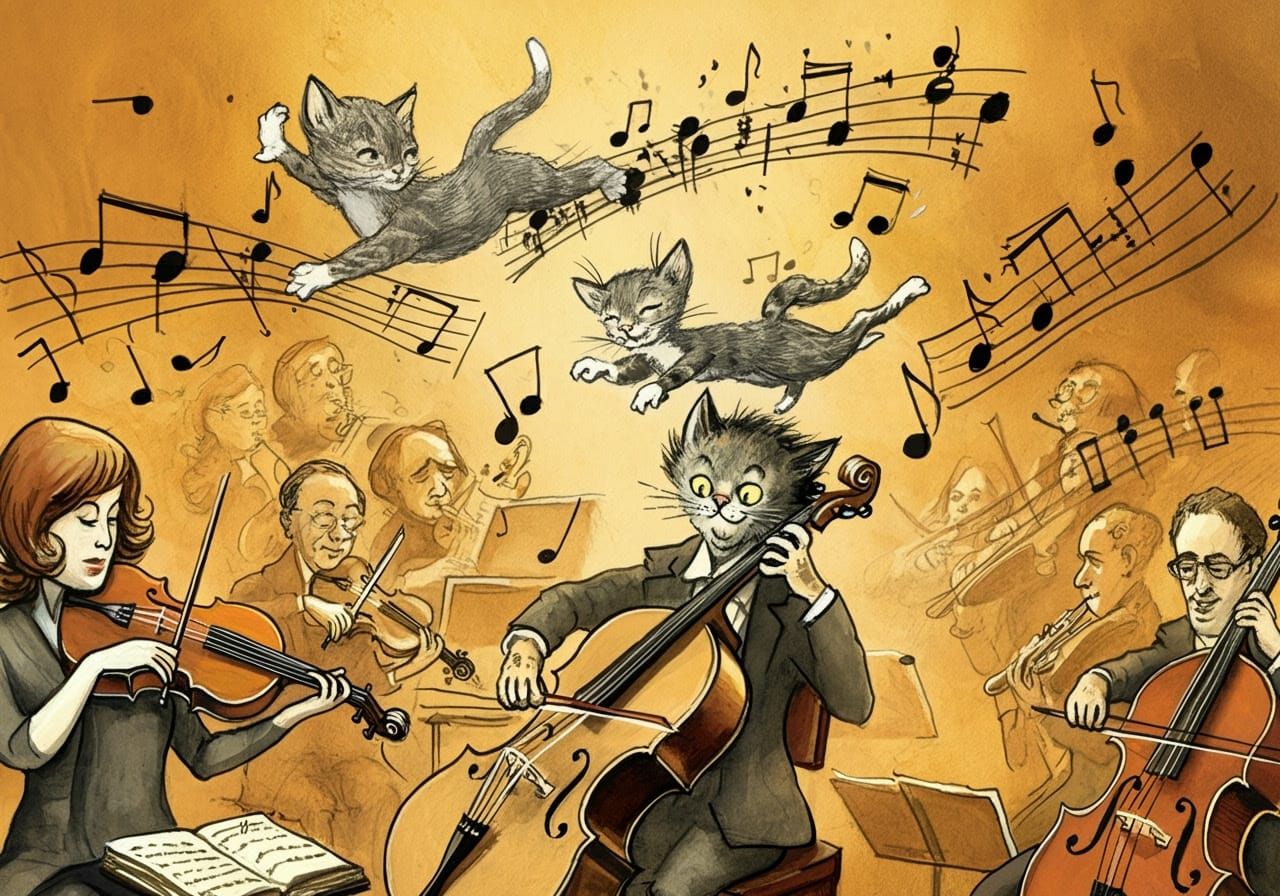 Joyful Orchestra with Feline Musician in Whimsical Linework ...