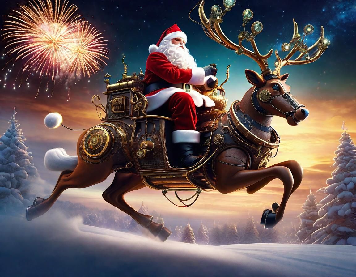 Steampunk Santa Claus on Robotic Reindeer