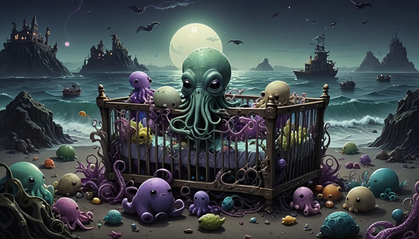 Baby Cthulhu's Deep-Sea Nursery in Dark Fantasy Style