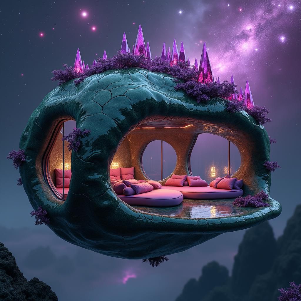Luminous Floating Obsidian House in Sci-Fi Style