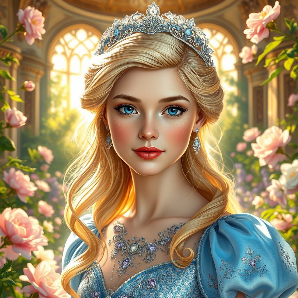 A portrait of Cinderella in a Palace's floral garden.