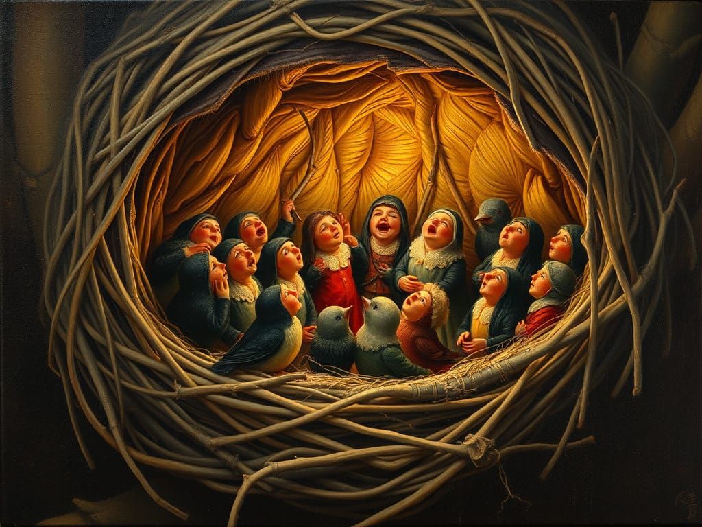 Whimsical Bosch-Style Painting of Singing Figures in a Nest