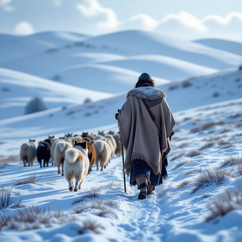 Shepherd Guiding Flock in Soft Winter Light