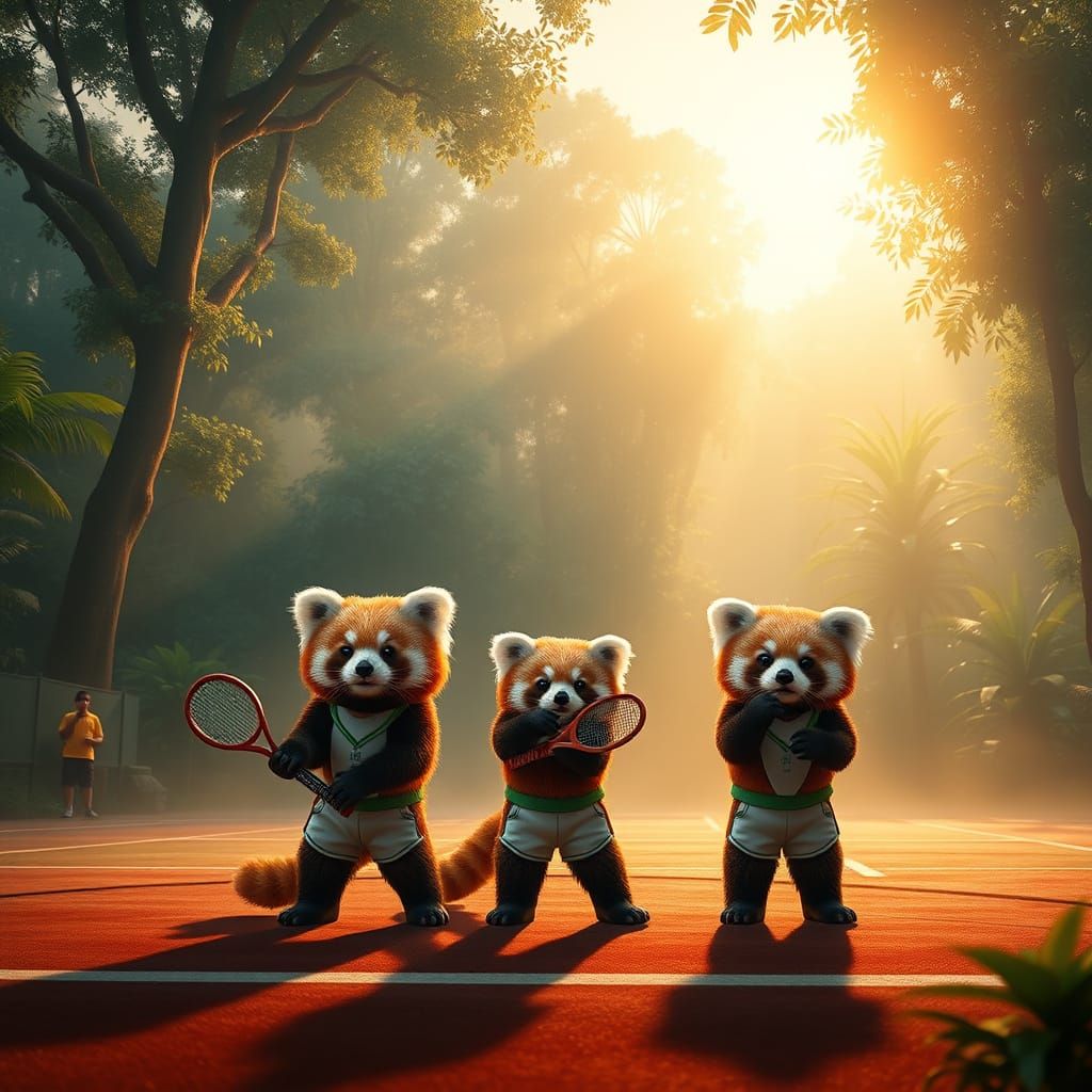 Cute Red Pandas Play Tennis in Amazon Rainforest Paradise