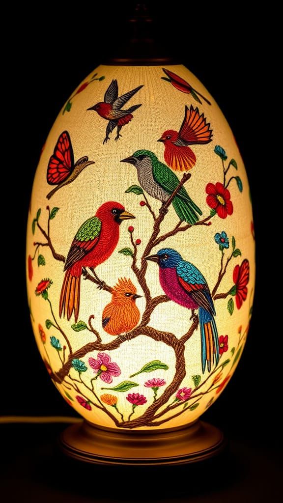 Luminous Embroidered Fantasy Lamp with Birds