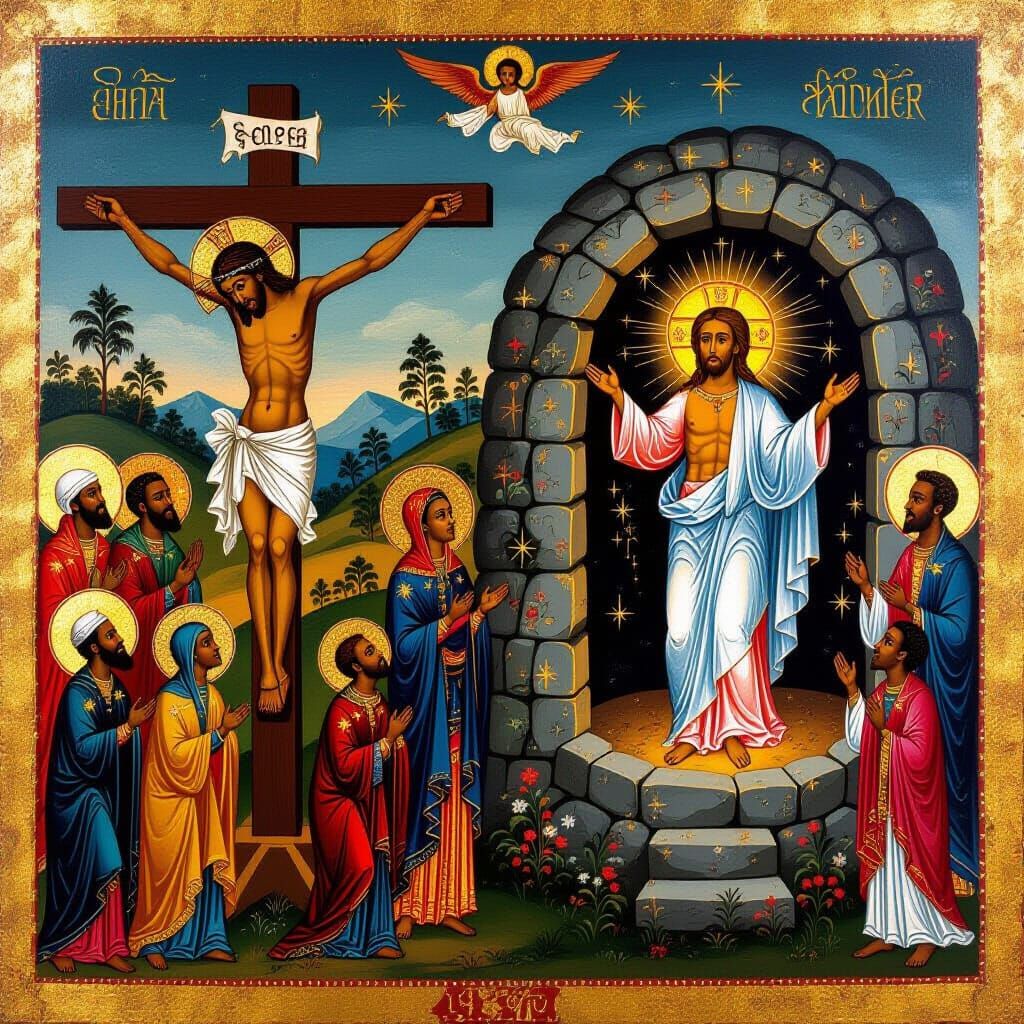 Ethiopian Icon: Combined Crucifixion and Resurrection Art