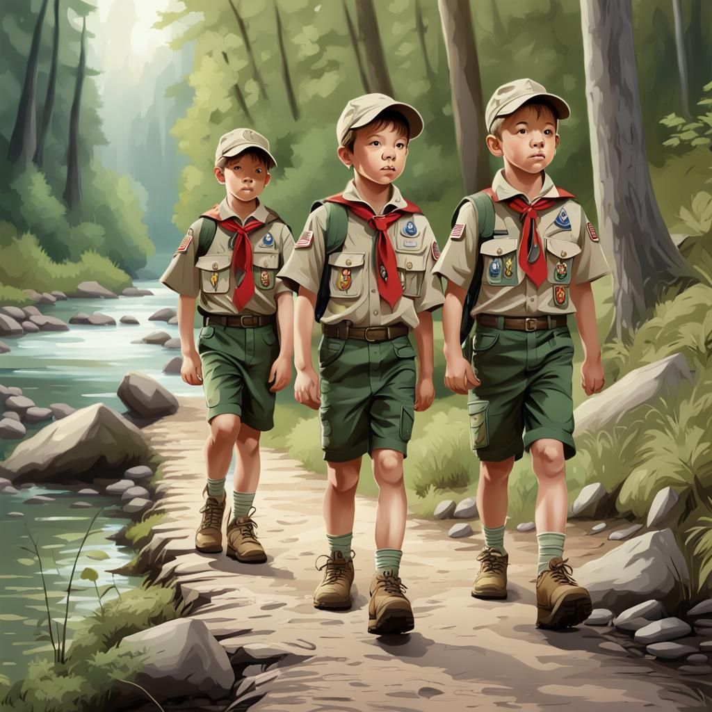 Boy Scouts Hiking in Detailed Hyperrealistic Forest