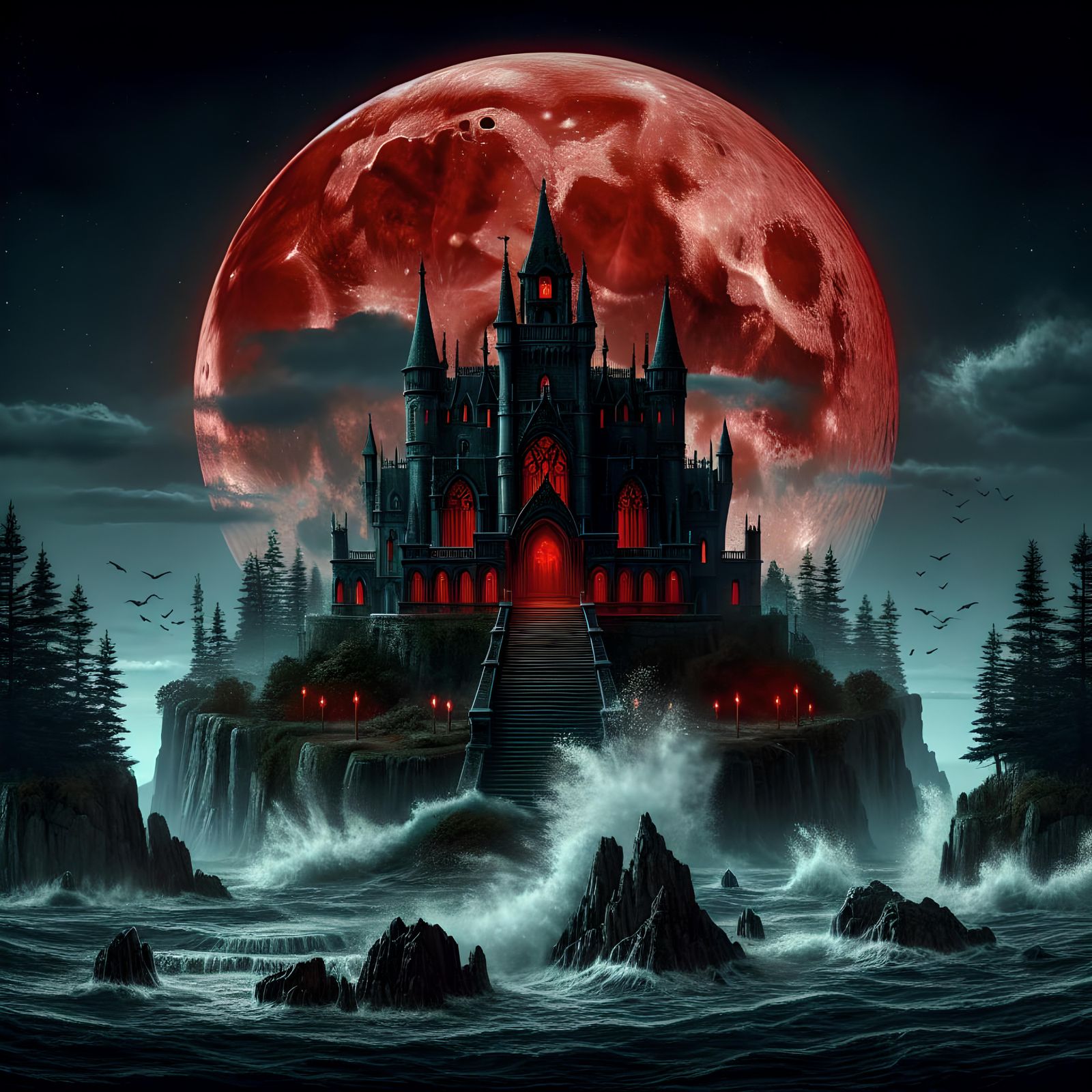 Gothic Castle Under Red Moon Digital Art