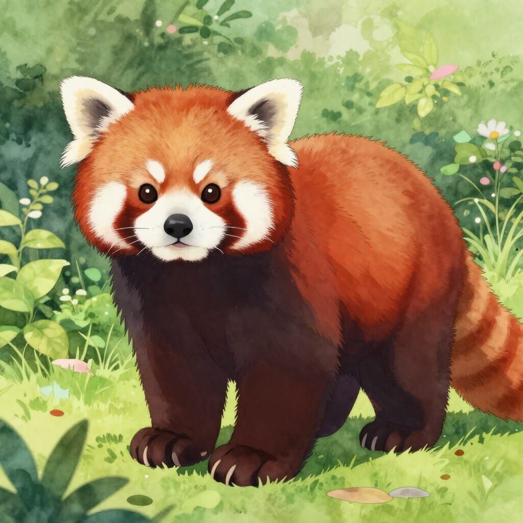 Red Panda in Garden Watercolor Style Anime Art