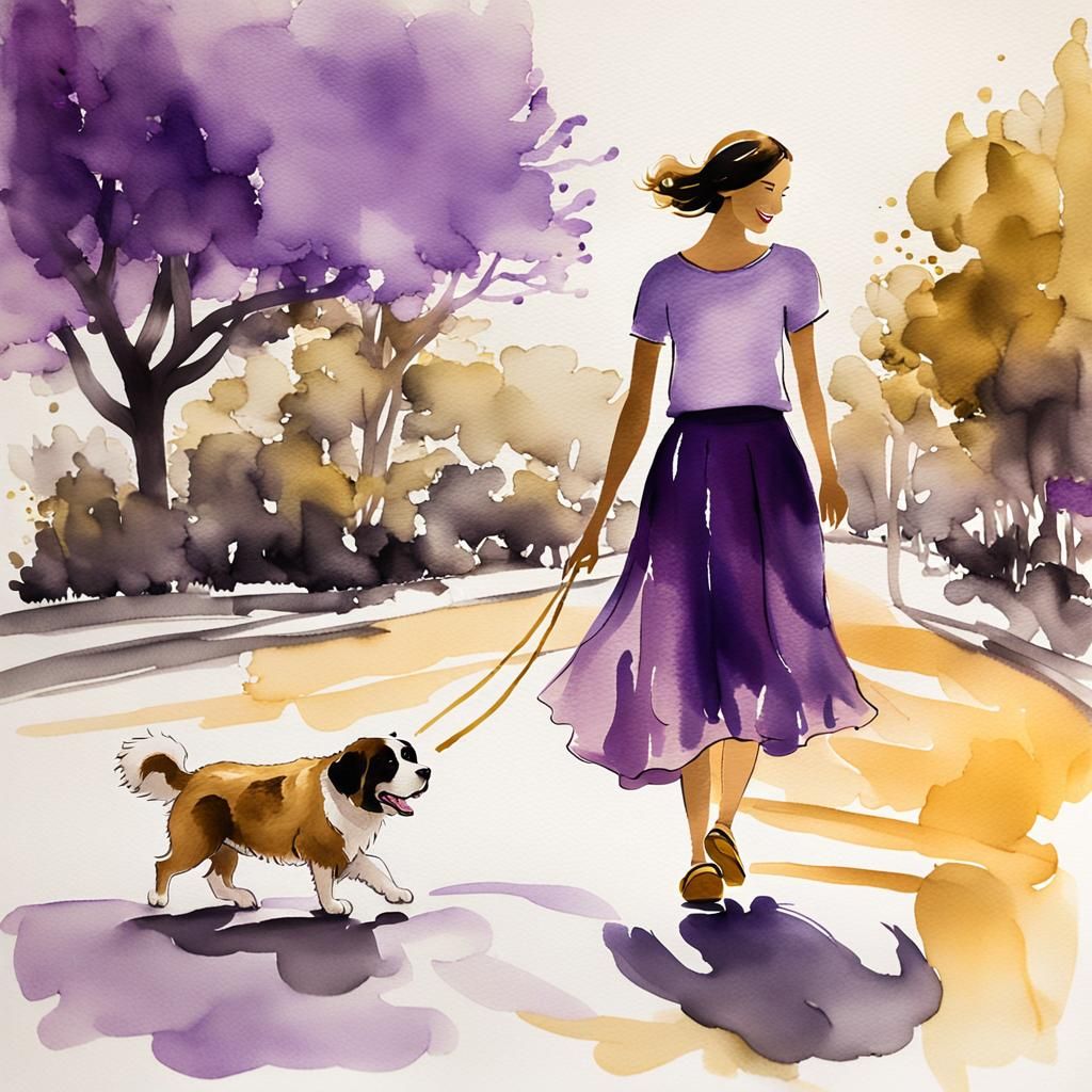 Woman Walking Dog in San Diego: Ink and Wash Art