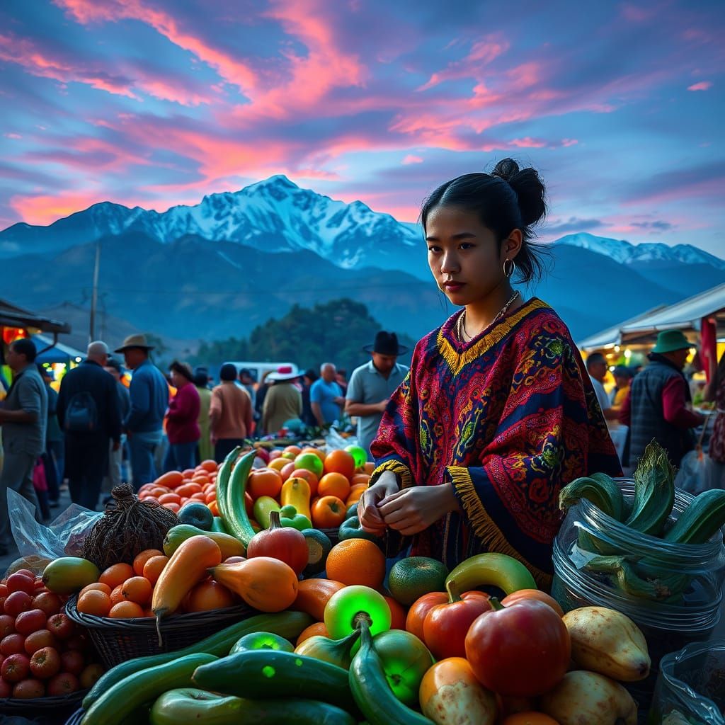 Vibrant Market Scene with Mutated Foods and Ecuadorian Woman