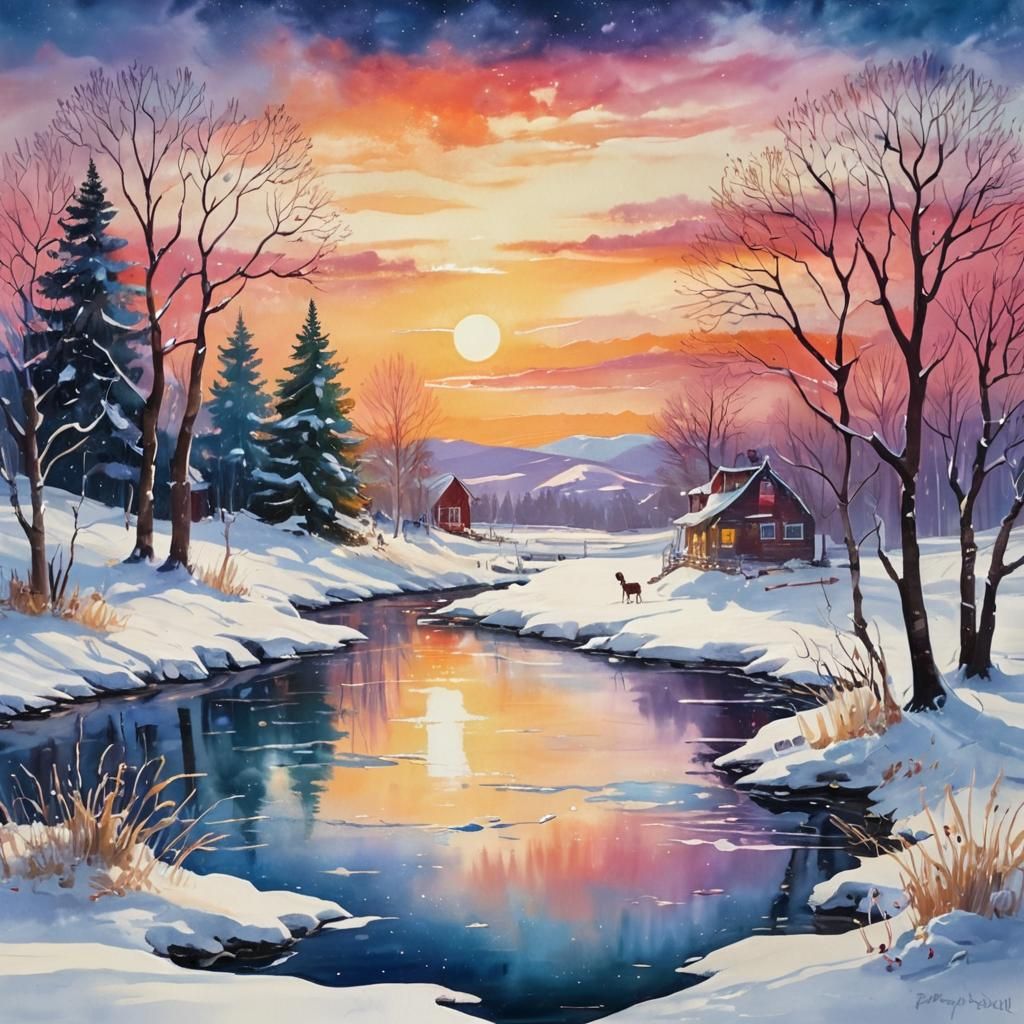 Whimsical Oil Painting of Winter Scene with Sleigh