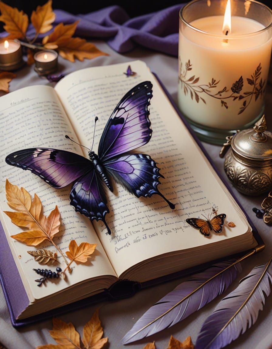 Whimsical Oil Painting of a Book and Butterfly