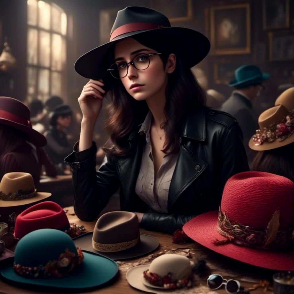 Woman with Glasses Gazing at Hats