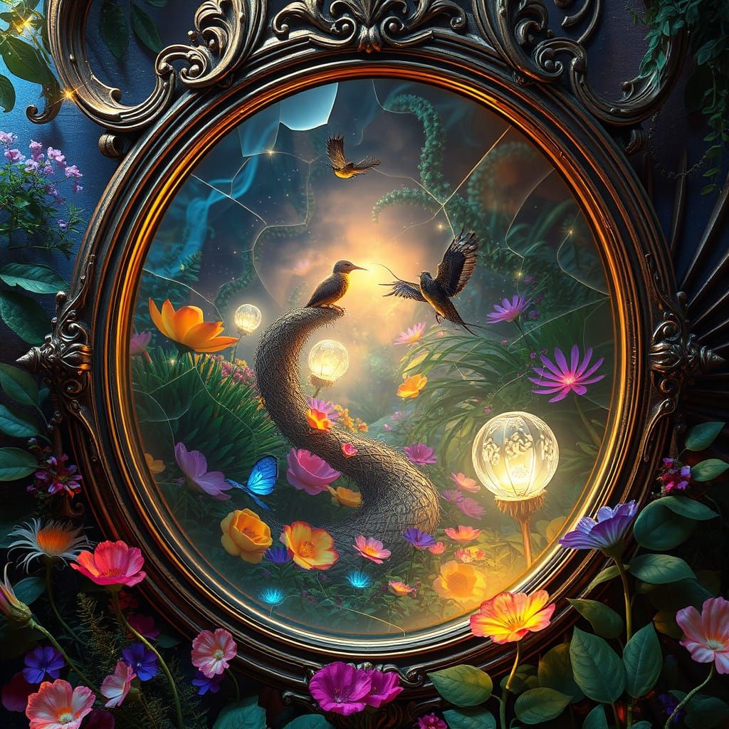 Ethereal Garden Reflected in Ancient Mirror