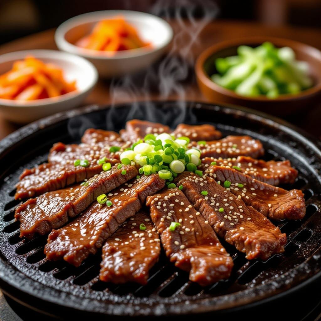 Mouthwatering Bulgogi Sizzling on Grill, Food Photography