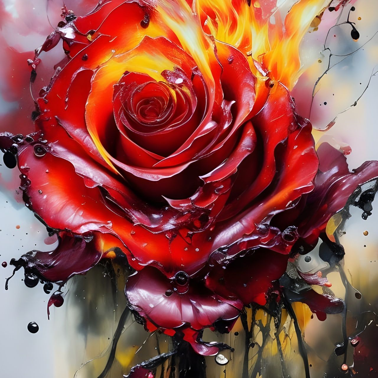 Detailed Fire Rose with Oil and Ink in Speedpaint Style