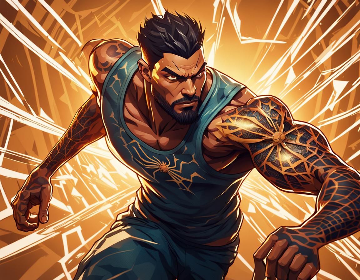Muscular Athlete with Intricate Spider Tattoo in Anime Style