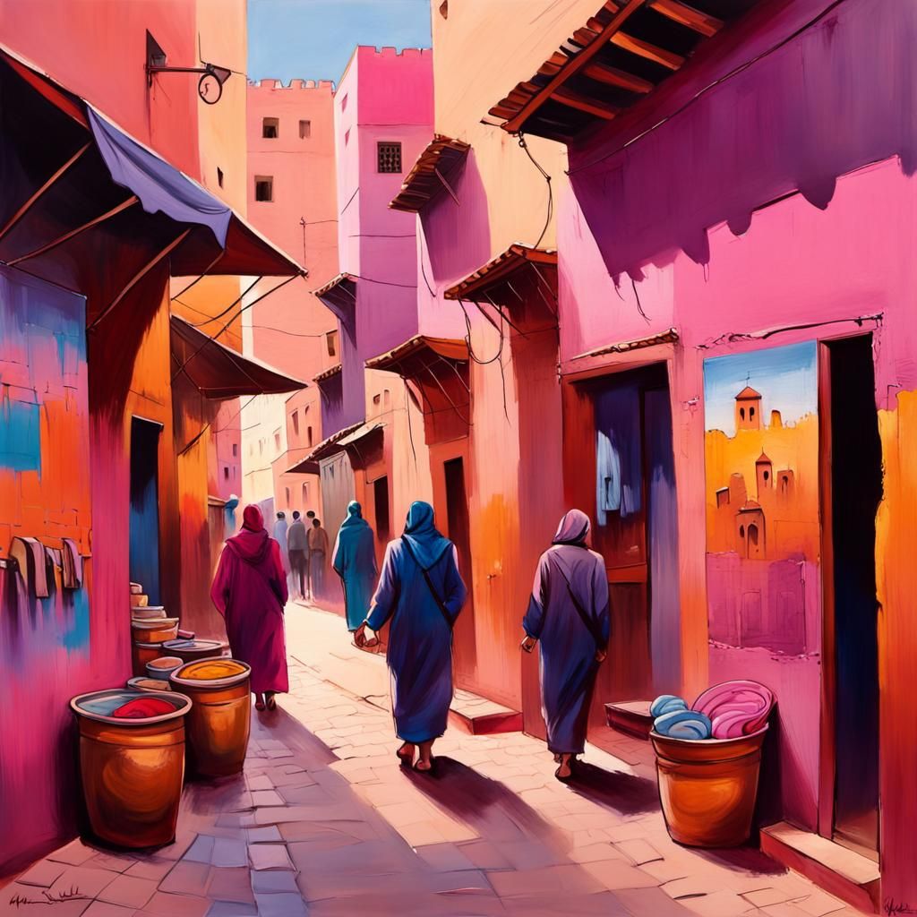 Marrakech Medina Souks at Sunset in Graffiti Realism