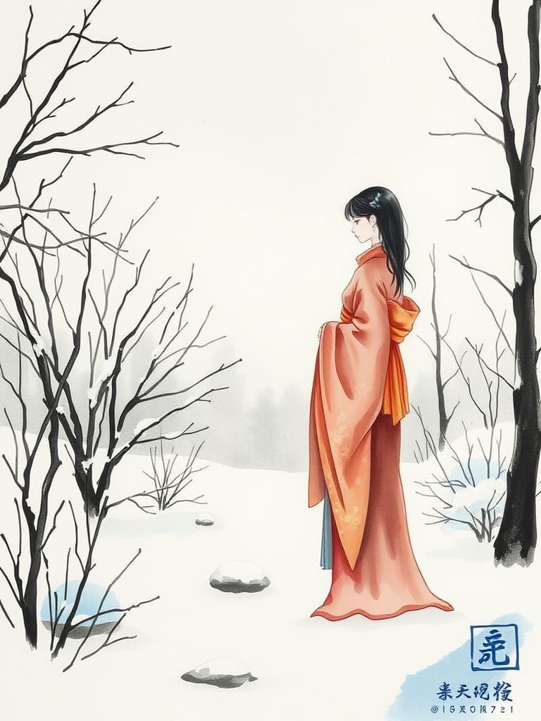 Lady Stands Alone in a Serene Snow Garden, in Sumi-e Waterco...