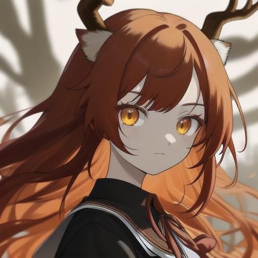 Anime Girl with Red Hair, Deer Horns, and Knife