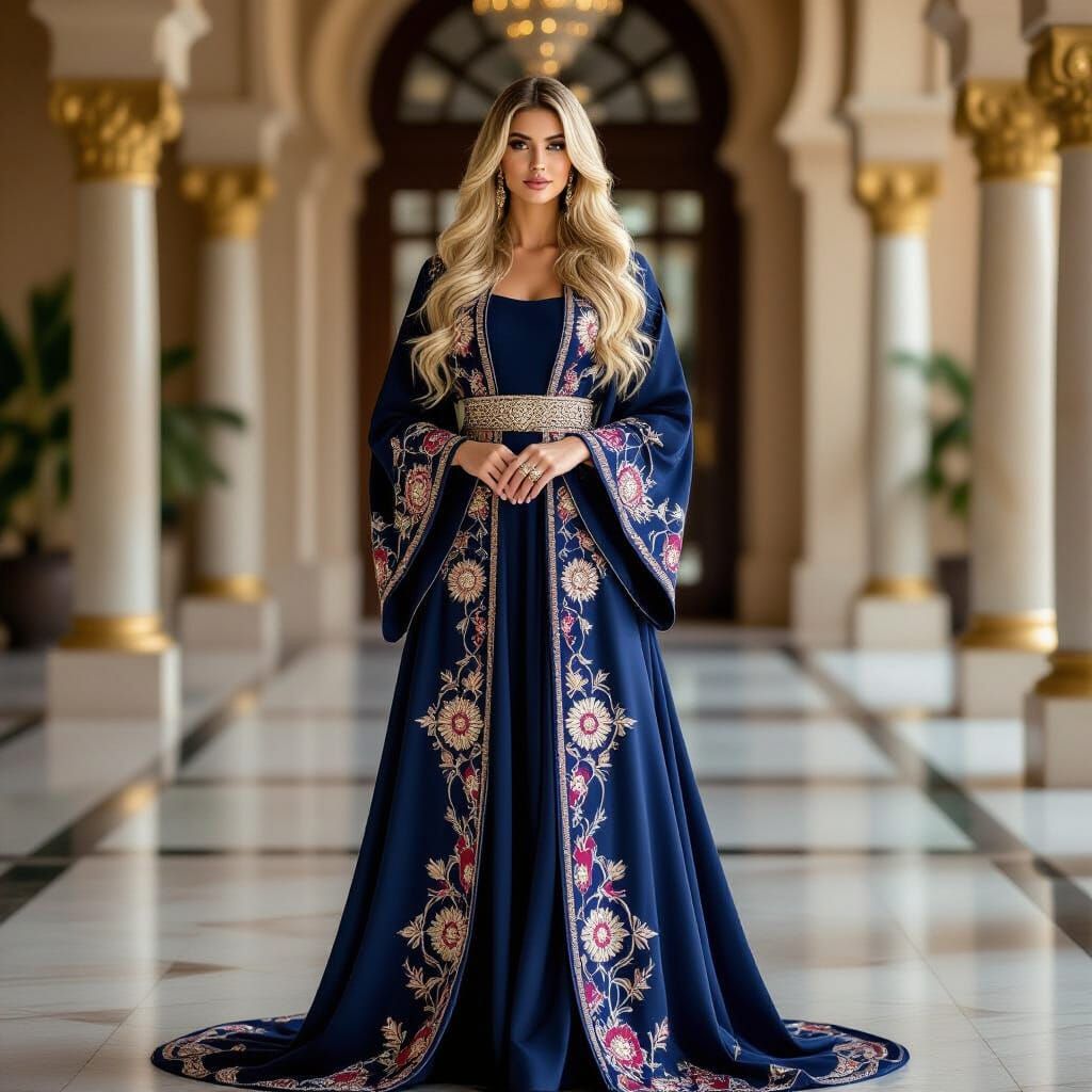 Regal Woman in Opulent Abaya: High Fashion AI Art