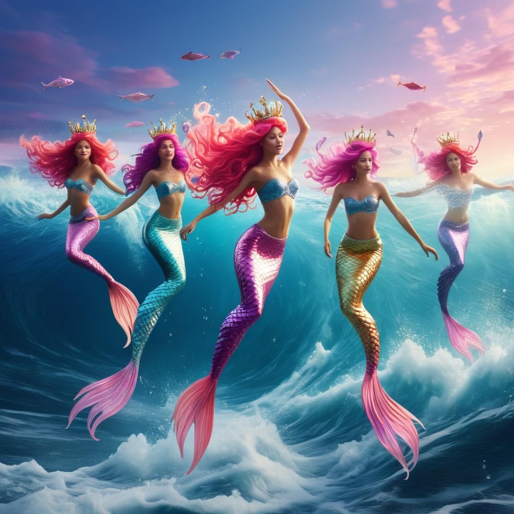 Pink Hair Mermaids in the Ocean, Matte Painting