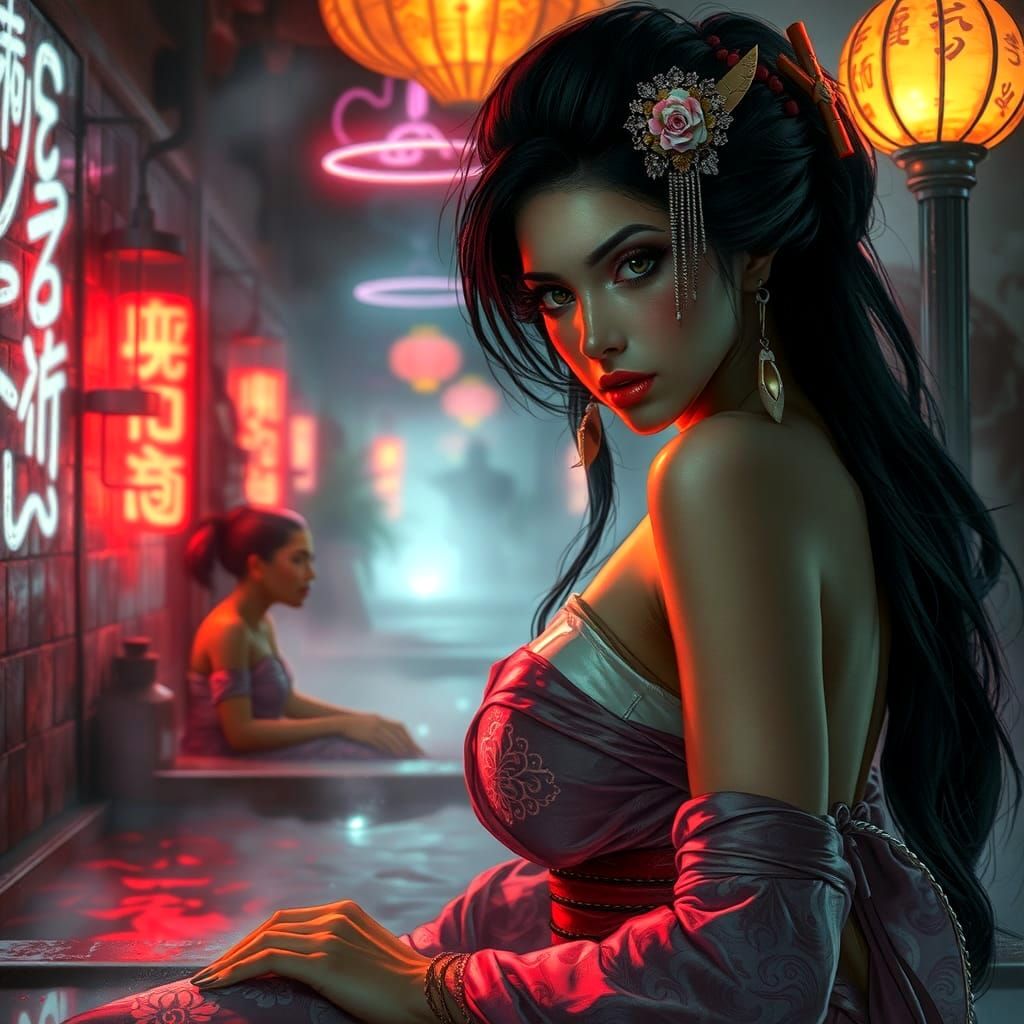 Cyberpunk Geisha in a Luxurious Steamy Bathhouse