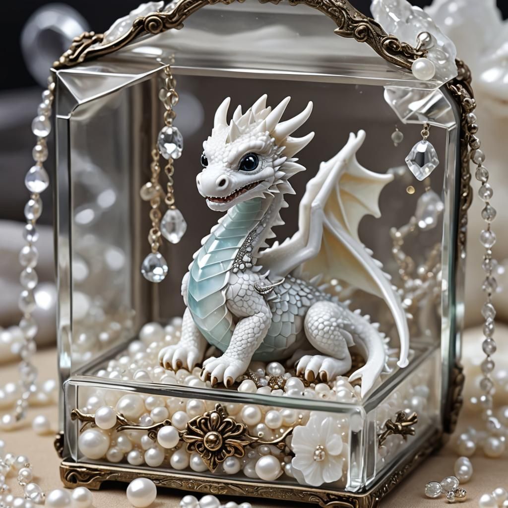 Cute Baby White Dragon in Glass Jewelry Box