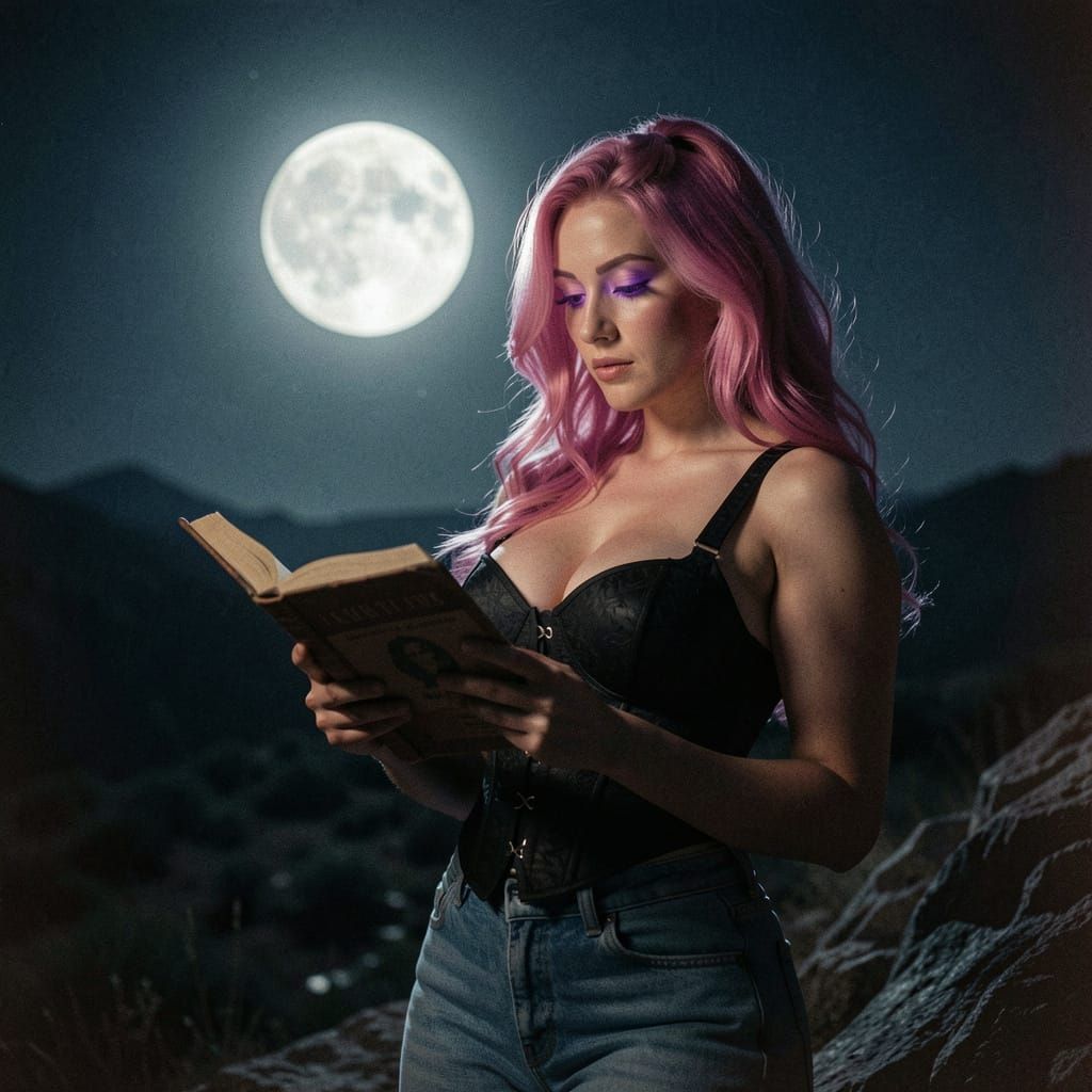 Pink Haired Woman Reading Under Moonlight