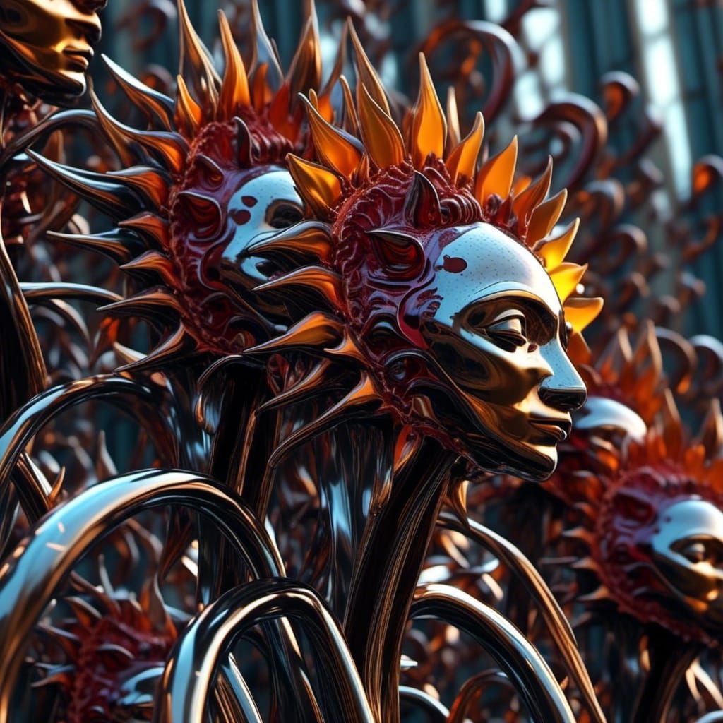 Surreal Metal Sunflowers Sculpture in Sci-Fi Style