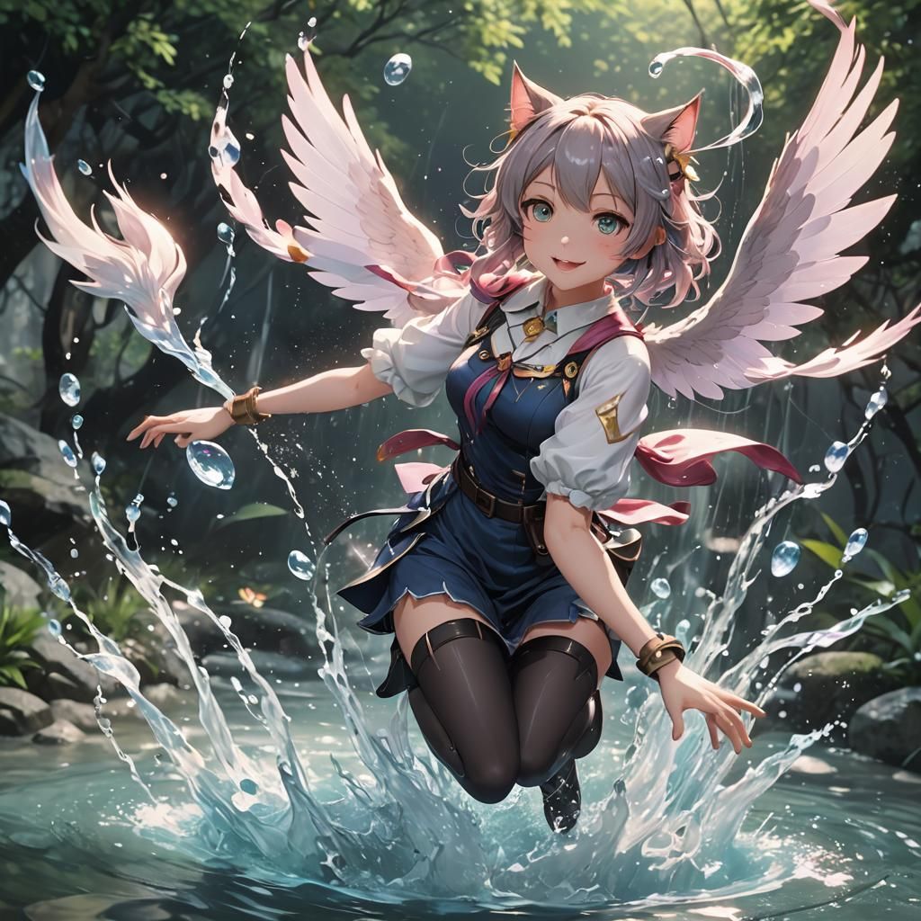 Magical Cat Girl Flying in Water: 3D Anime Art