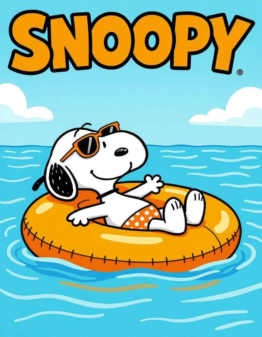 Snoopy Relaxing on an Inflatable Mattress in the Ocean