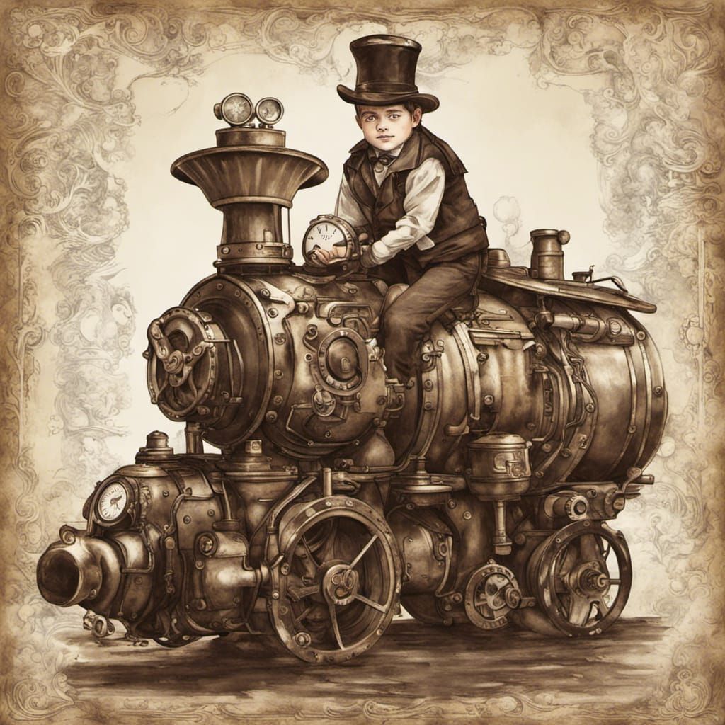 Boy and Steampunk Engine Friendship