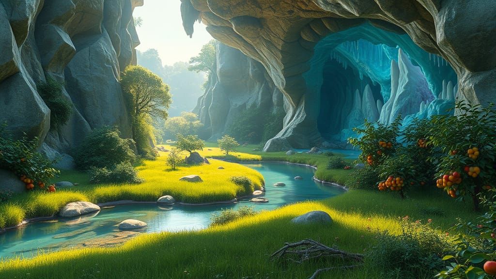 Lush Valley Surrounded by Crystalline Geodes