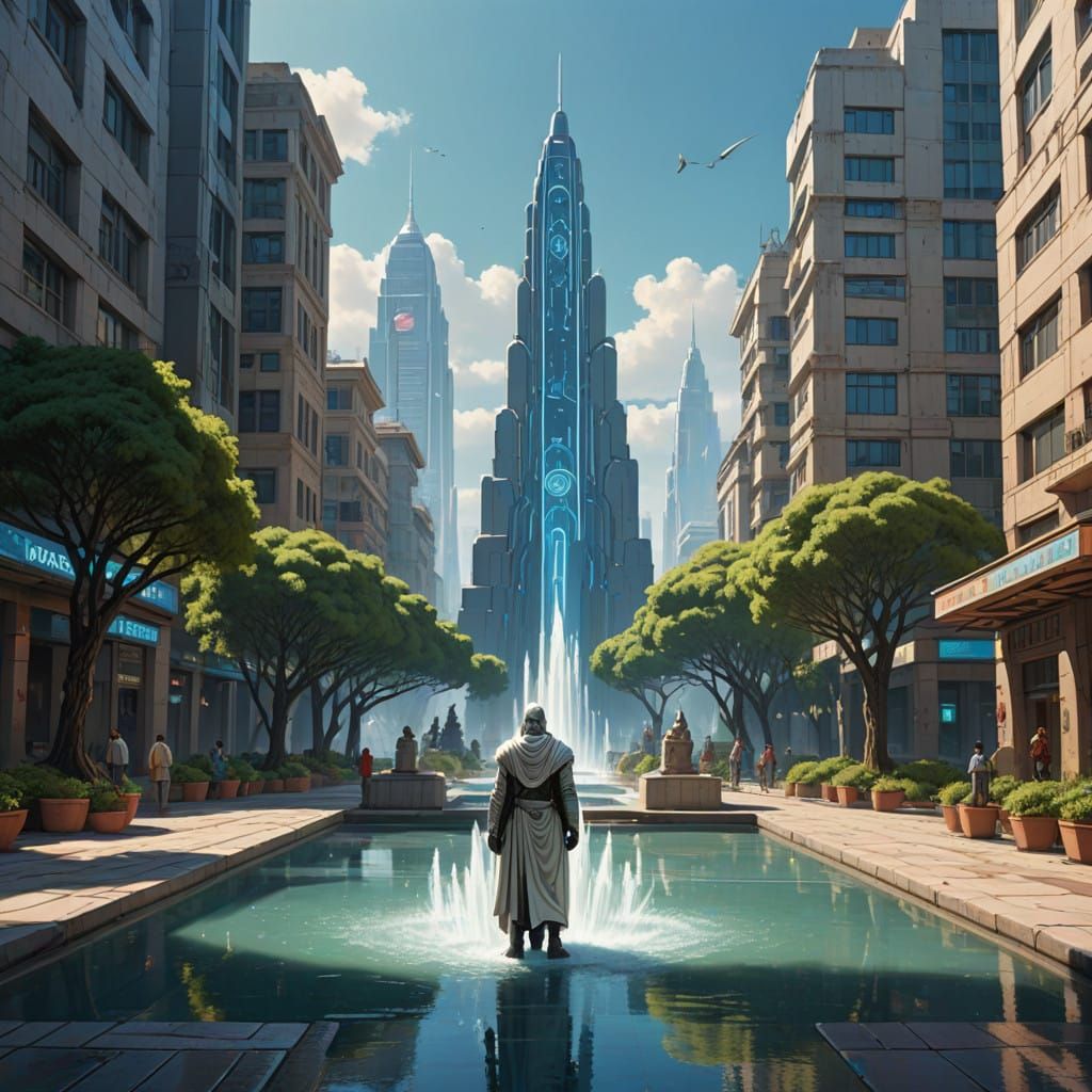 Futuristic Town Square with Ancient Greek Influences and Maj...