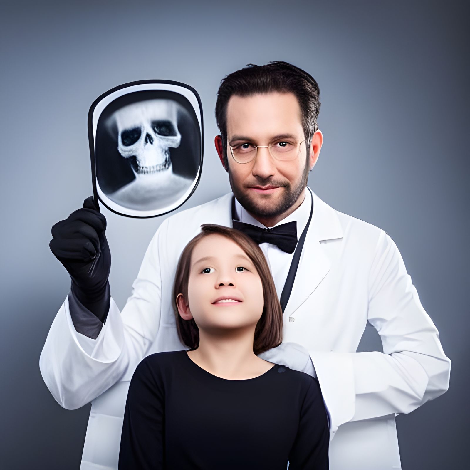 Dentist looking at X-rays with a little vampire