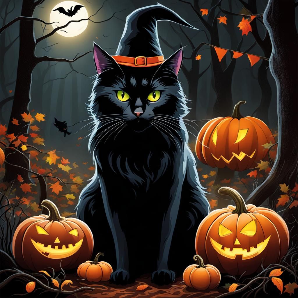 Black Cat in Spooky Woods with Witch Hat