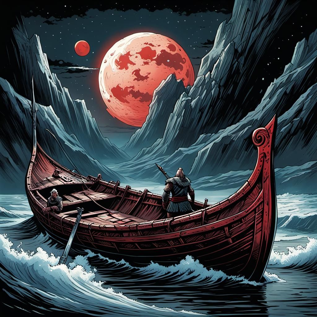 Viking Longboat Under Red Moon in Comic Art