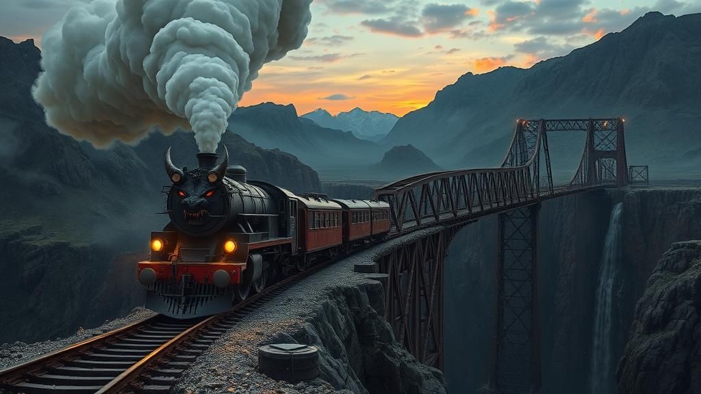 Mystical Demon Train Approaching Collapsed Bridge