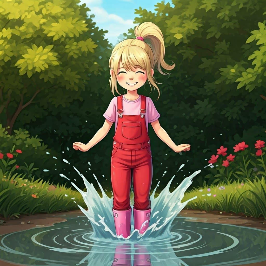 Girl Dancing in a Puddle in the Garden